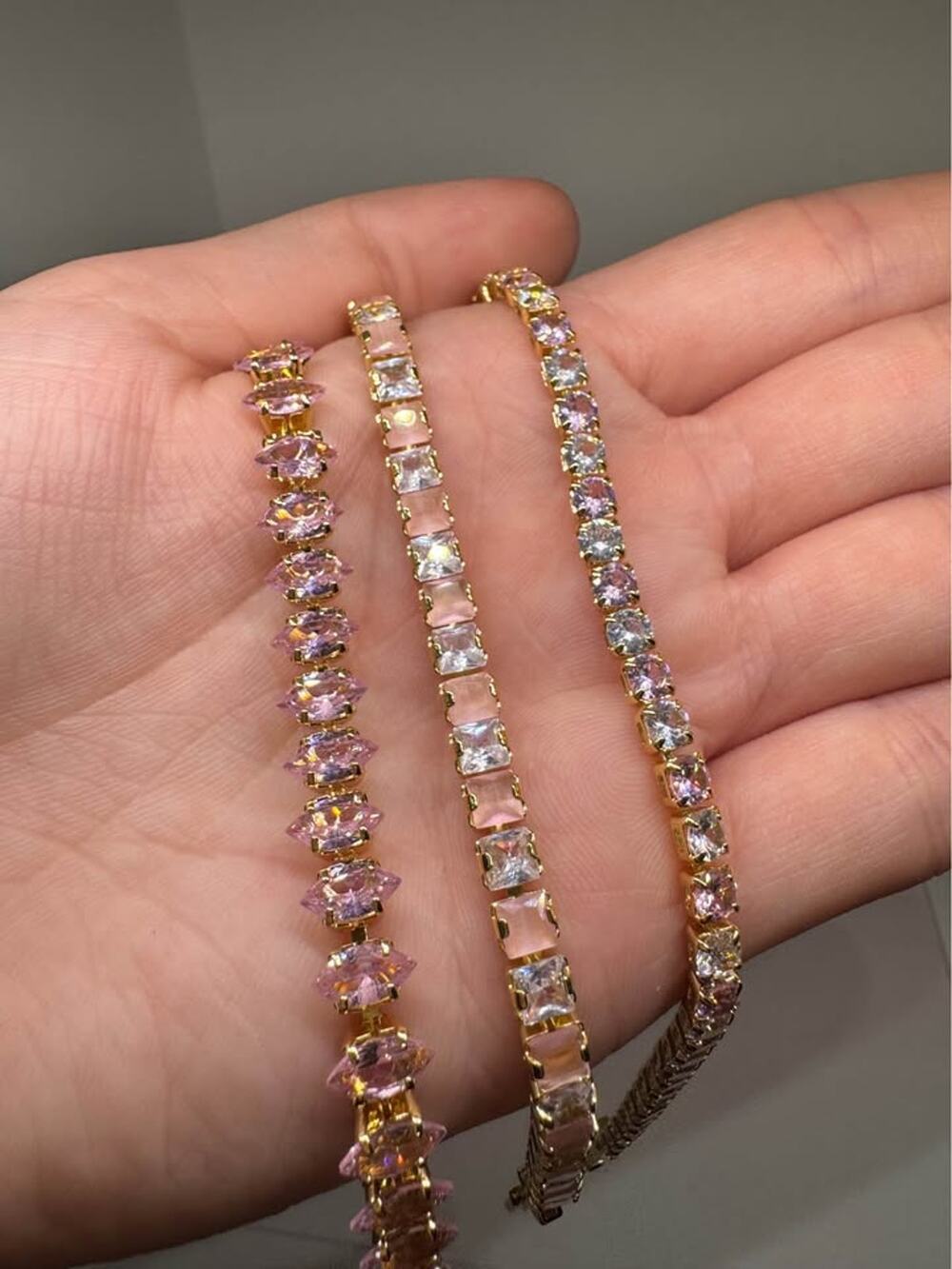 Tarnish Free 3-Piece Gold-Tone CZ & Pink Cat Eye Bracelet Set
